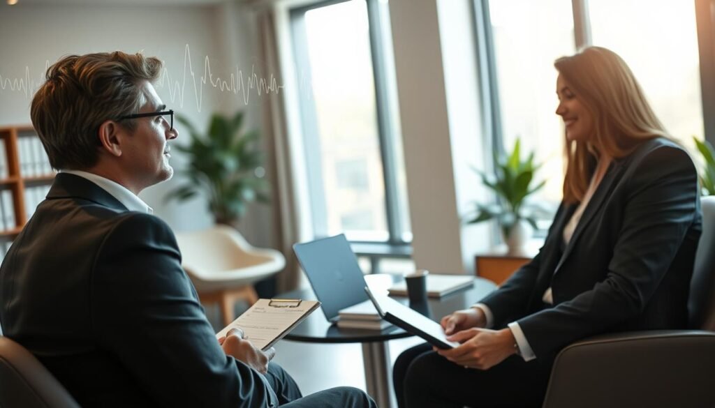 A serene office environment where a professional business coach, dressed in smart attire, engages with a client in a thoughtful coaching session. In the foreground, the coach is depicted with a focused expression, holding a notepad, while the client, appearing contemplative but optimistic, leans slightly forward. In the middle ground, a stylish desk with a laptop and motivational books can be seen, symbolizing productivity and growth. The background features a large window with natural light streaming in, casting a warm, inviting glow across the space. Subtle visual elements, like abstract brainwave patterns or soft light emanating from the coach, suggest the neurological and emotional impact of coaching, creating an inspiring and transformative atmosphere. A serene office environment where a professional business coach, dressed in smart attire, engages with a client in a thoughtful coaching session. In the foreground, the coach is depicted with a focused expression, holding a notepad, while the client, appearing contemplative but optimistic, leans slightly forward. In the middle ground, a stylish desk with a laptop and motivational books can be seen, symbolizing productivity and growth. The background features a large window with natural light streaming in, casting a warm, inviting glow across the space. Subtle visual elements, like abstract brainwave patterns or soft light emanating from the coach, suggest the neurological and emotional impact of coaching, creating an inspiring and transformative atmosphere.