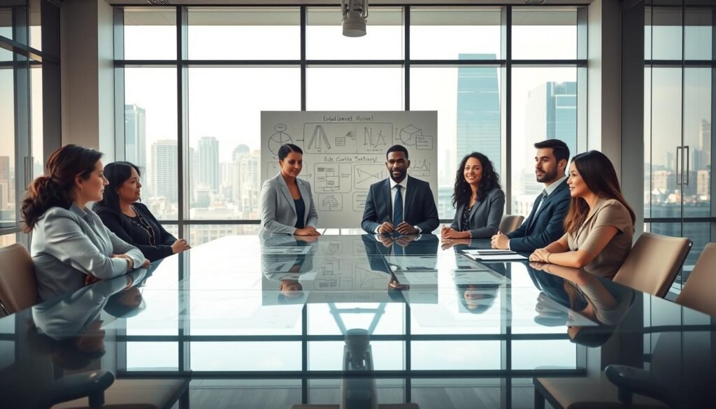 A serene office environment with a modern conference room in the foreground, featuring a large glass table surrounded by diverse professionals in business attire engaged in a coaching session. The middle ground includes a whiteboard filled with diagrams and actionable plans showcasing the implementation strategy for coaching. In the background, large windows reveal a bustling cityscape, symbolizing the organizational context. Soft, natural lighting filters through the windows, creating a warm and inviting atmosphere. The angle is slightly elevated, capturing both the focused expressions of the participants and the collaborative spirit of teamwork. The overall mood is one of motivation, clarity, and professional growth, emphasizing the importance of a structured coaching implementation plan.