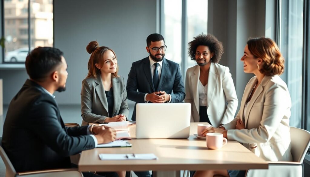 A serene, professional coaching session in a modern office. In the foreground, a diverse group of three professionals—two men and one woman—are engaged in a thoughtful discussion. They are dressed in smart business attire, exuding confidence and approachability. In the middle ground, a stylish conference table, with a laptop, notebooks, and coffee cups, suggests a collaborative environment. The background features large windows with soft sunlight streaming in, casting a warm glow over the room, symbolizing clarity and insight. A minimalist design with soft colors contributes to a calm atmosphere, emphasizing a human-centered approach to executive coaching. The overall mood is one of empowerment, connection, and growth, inviting viewers to reflect on the transformative power of conscious coaching.