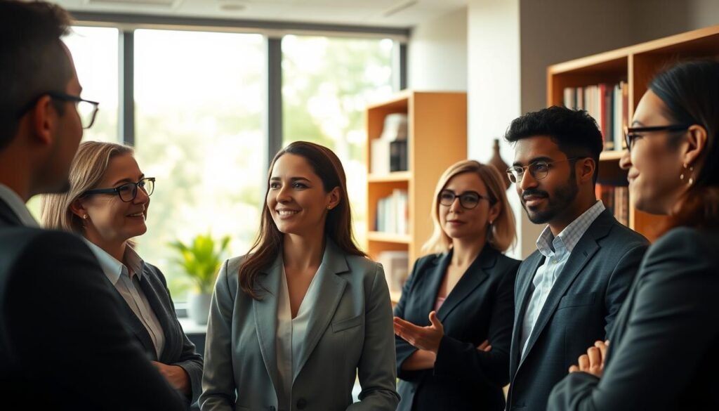 A serene, professional office space filled with soft, warm lighting that conveys a sense of calm and focus. In the foreground, a diverse group of individuals in business attire engages in a deep conversation, their faces reflecting empathy and understanding. One person is demonstrating a gesture of listening, while another shows an expression of insight, symbolizing emotional intelligence. In the middle, a large window reveals a lush green landscape outside, hinting at growth and potential. In the background, shelves filled with books on coaching and personal development create an atmosphere of learning and transformation. The scene is framed from a slightly elevated angle, highlighting the interpersonal connections and the sense of community. The overall mood is uplifting and inspiring, emphasizing the importance of emotional awareness in coaching and personal growth.