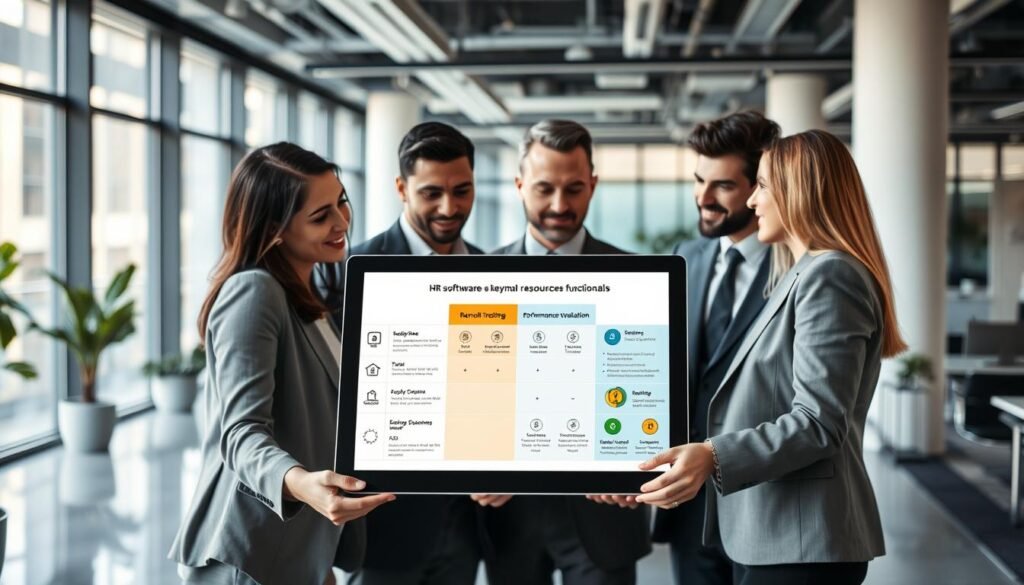 A sleek and modern office environment serves as the backdrop, filled with soft natural light filtering through large windows. In the foreground, a diverse group of professionals, dressed in smart business attire, engage in a collaborative discussion around a digital tablet displaying a comparative analysis of key human resources functionalities. The middle layer features a detailed graphical representation of HR software features, such as recruitment tracking, performance evaluation, and employee onboarding, with icons and data visualization elements. The background showcases a contemporary workspace with office plants and ergonomic furniture, conveying a productive and innovative atmosphere. The overall mood is professional and forward-thinking, emphasizing the importance of effective HR management tools.