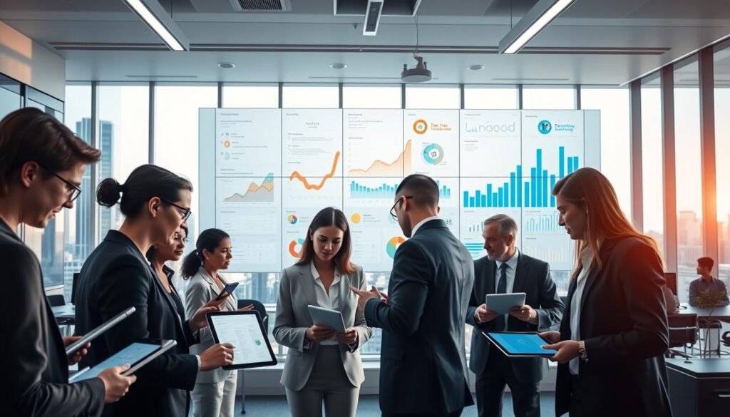 A sleek, modern office environment filled with cutting-edge technology tailored for headhunting in the tech sector. In the foreground, a diverse group of professional recruiters dressed in business attire strategizes over digital devices like tablets and laptops, analyzing data and profiles on screens. The middle layer features a large wall display showcasing dynamic visualizations of talent analytics, with graphs and icons representing various tech skills and career paths. The background subtly illustrates an urban skyline through floor-to-ceiling windows, hinting at a bustling city. The lighting is bright and professional, with a warm glow illuminating the space, creating an atmosphere of innovation and collaboration. The angle captures the energy of teamwork, emphasizing the tools enabling effective headhunting in the evolving tech landscape.