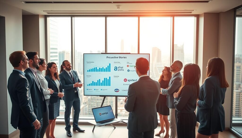 A sophisticated and inviting office environment showcasing a montage of success stories in executive search for the retail sector in Colombia. In the foreground, a diverse group of professionals in formal business attire are engaged in an animated discussion, sharing testimonials with enthusiasm. In the middle, a sleek presentation board displays graphs and key metrics symbolizing successful placements, while a laptop nearby highlights notable client logos. The background features large windows with a view of a bustling city skyline, bathed in warm daylight streaming in, creating an optimistic and collaborative atmosphere. The overall mood should be one of achievement and positivity, showcasing the impact of high-quality executive search services. Use soft, natural lighting to enhance the professionalism of the scene, and capture the image from a slightly elevated angle for a dynamic perspective.