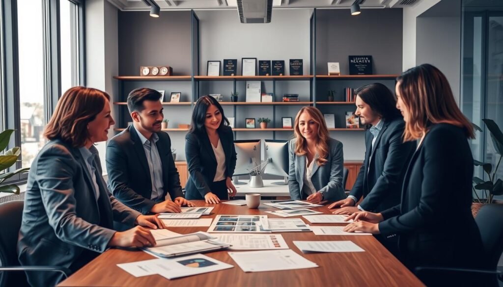 A sophisticated office environment focusing on strategic partnerships in the recruitment industry. In the foreground, a diverse group of four professionals in business attire—two men and two women—are engaged in a collaborative discussion over a table, where recruitment documents and job profiles are spread out. In the middle, a large window lets in soft natural light, illuminating the office space and accentuating a modern desk with computers and plants. In the background, shelves contain recruitment awards and books on leadership and talent acquisition. The overall mood is professional and dynamic, reflecting a sense of collaboration and ambition, with warm lighting to enhance the inviting atmosphere. Shot from a slightly elevated angle to provide a comprehensive view of the setting.