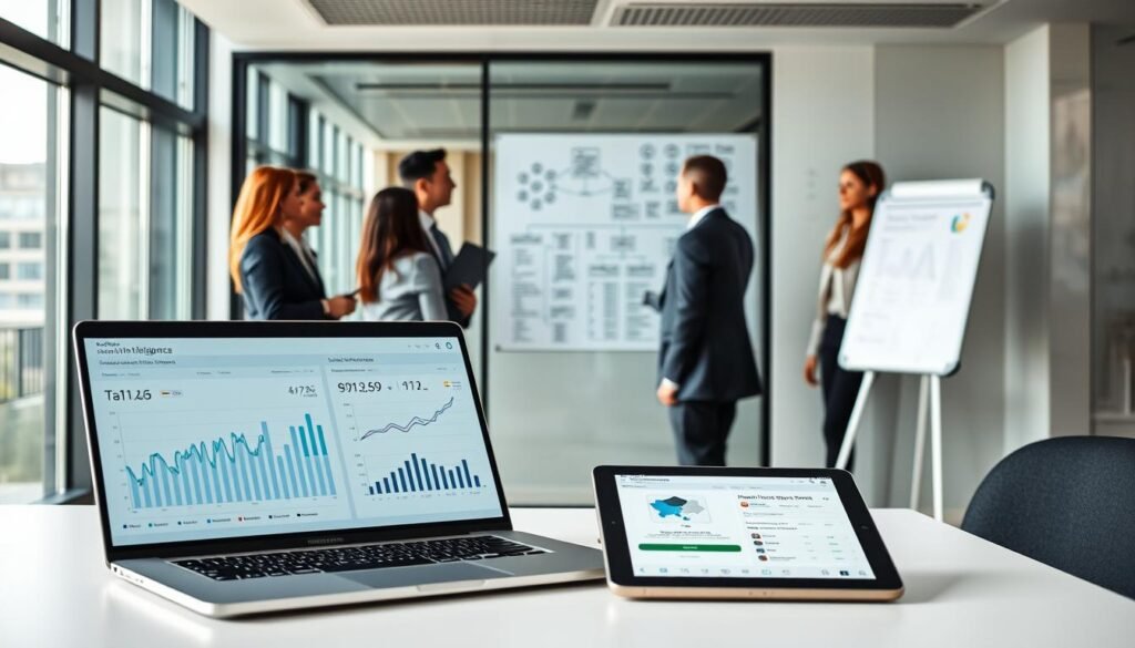 A sophisticated workspace showcasing artificial intelligence tools for talent search. In the foreground, a sleek laptop displaying data analytics dashboards, with graphs and talent metrics, is positioned beside a smart tablet with a recruitment app opened. The middle ground features a modern office with a glass wall, where a diverse group of professionals, dressed in business attire, are engaged in discussion and collaboration. In the background, a whiteboard filled with notes and an AI algorithm flowchart highlights the technological processes involved in talent identification. Soft, natural light filters through the large windows, creating an inspiring and productive atmosphere, evoking innovation and teamwork in the recruitment field. The scene conveys a sense of professionalism and forward-thinking. A sophisticated workspace showcasing artificial intelligence tools for talent search. In the foreground, a sleek laptop displaying data analytics dashboards, with graphs and talent metrics, is positioned beside a smart tablet with a recruitment app opened. The middle ground features a modern office with a glass wall, where a diverse group of professionals, dressed in business attire, are engaged in discussion and collaboration. In the background, a whiteboard filled with notes and an AI algorithm flowchart highlights the technological processes involved in talent identification. Soft, natural light filters through the large windows, creating an inspiring and productive atmosphere, evoking innovation and teamwork in the recruitment field. The scene conveys a sense of professionalism and forward-thinking.