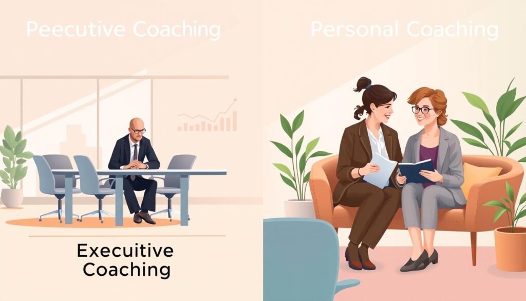 A split-scene illustration contrasting executive coaching and personal coaching. In the foreground, depict two professionals in separate settings: on the left, a focused executive coach in a modern office environment, discussing strategy with a suit-clad client at a sleek conference table, conveying an atmosphere of business professionalism. On the right, a warm and relaxed personal coaching session in a cozy, inviting space, featuring a friendly coach in smart casual attire guiding a client through self-discovery, possibly with notebooks and plants in the background. Use soft, natural lighting to evoke openness and trust. The background should blend subtle elements representing growth and insight, like charts for the executive side and nature for the personal coaching, separated by a smooth gradient indicating the differences. The overall mood should feel balanced, highlighting the distinctiveness yet complementary aspects of both coaching types.