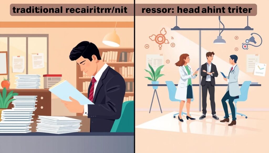 A split-screen illustration depicting the differences between traditional recruitment and specialized headhunting in the healthcare sector. On the left, a traditional recruitment scene featuring a generic office with stacks of resumes and a recruiter in formal business attire examining CVs under warm, soft lighting. On the right, a dynamic headhunting scenario showing a specialized recruiter engaging face-to-face with a healthcare professional in a modern, bright office environment, highlighting personalized interactions and strategic discussions. The background features symbols representing healthcare, like a stethoscope and medical charts. The mood is professional yet inviting, with a balanced color palette that emphasizes collaboration and expertise. A split-screen illustration depicting the differences between traditional recruitment and specialized headhunting in the healthcare sector. On the left, a traditional recruitment scene featuring a generic office with stacks of resumes and a recruiter in formal business attire examining CVs under warm, soft lighting. On the right, a dynamic headhunting scenario showing a specialized recruiter engaging face-to-face with a healthcare professional in a modern, bright office environment, highlighting personalized interactions and strategic discussions. The background features symbols representing healthcare, like a stethoscope and medical charts. The mood is professional yet inviting, with a balanced color palette that emphasizes collaboration and expertise.