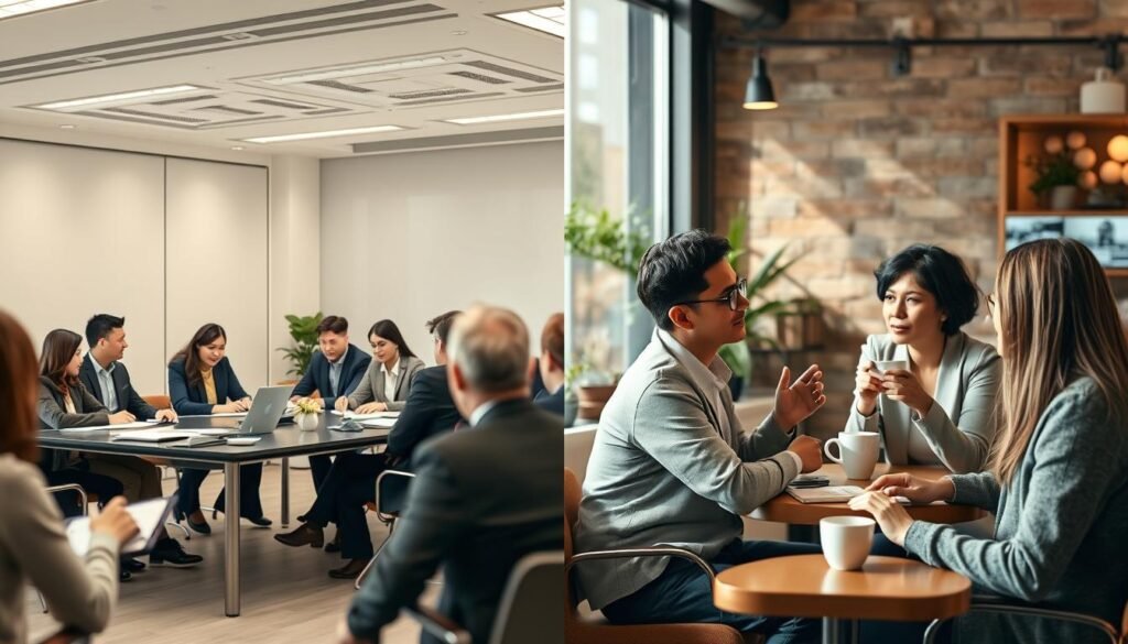 A split-screen image illustrating the different types of interviews: on one side, a structured interview setting featuring a formal office environment with a diverse group of professionals dressed in business attire, sitting at a conference table, with clipboards and notepads, showcasing clear guidelines and questions. On the other side, a relaxed, unstructured interview setting in a cozy café, where two individuals engage in a casual conversation over coffee, reflecting openness and spontaneity. Soft, natural lighting enhances the warm atmosphere. Use a slight depth of field to keep the focus on the interview participants while subtly blurring the background. Aim for a balanced composition that visually contrasts structure and spontaneity.