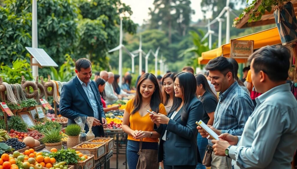 A vibrant Colombian marketplace bustling with activity, showcasing a blend of traditional and modern sustainable practices. In the foreground, a group of diverse professionals in business attire are engaged in discussion, examining eco-friendly products made from local materials. In the middle, colorful stalls display organic produce and handcrafted goods, emphasizing a commitment to sustainability. The background features lush greenery, symbolizing Colombia's rich biodiversity, with solar panels and wind turbines subtly integrated to illustrate renewable energy efforts. Soft, warm lighting captures the vibrant colors of the market, enhancing the friendly and optimistic atmosphere. The scene is framed from a slightly elevated angle, providing a comprehensive view of the marketplace's dynamic environment and community engagement. A vibrant Colombian marketplace bustling with activity, showcasing a blend of traditional and modern sustainable practices. In the foreground, a group of diverse professionals in business attire are engaged in discussion, examining eco-friendly products made from local materials. In the middle, colorful stalls display organic produce and handcrafted goods, emphasizing a commitment to sustainability. The background features lush greenery, symbolizing Colombia's rich biodiversity, with solar panels and wind turbines subtly integrated to illustrate renewable energy efforts. Soft, warm lighting captures the vibrant colors of the market, enhancing the friendly and optimistic atmosphere. The scene is framed from a slightly elevated angle, providing a comprehensive view of the marketplace's dynamic environment and community engagement.