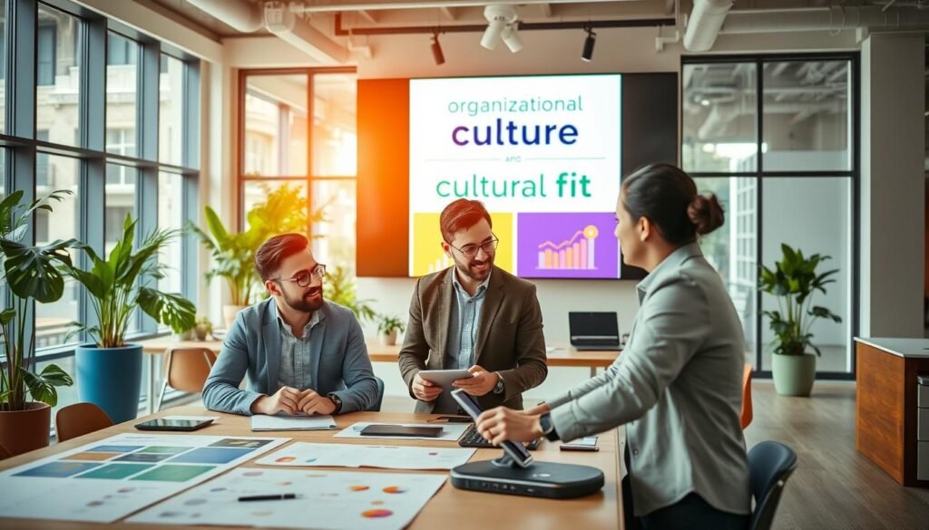 A vibrant and dynamic office environment showcasing diverse professionals engaged in collaborative work. In the foreground, a group of three individuals—two men and one woman—are discussing ideas over a table filled with digital devices and project boards. They are dressed in smart casual attire, reflecting a modern workplace. In the middle ground, a large digital screen displays the concepts of "organizational culture" and "cultural fit" with colorful graphics. The background features large windows allowing natural light to flood the space, complemented by greenery for a fresh atmosphere. The overall mood is one of innovation and teamwork, with a warm and inviting color palette. The image should have a bright, optimistic ambiance, captured with a wide-angle lens to highlight the open space design.