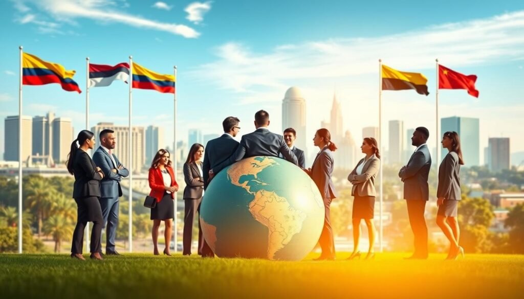 A vibrant and dynamic scene illustrating international relations in Colombia. In the foreground, a diverse group of professionals in formal business attire engaged in a serious discussion around a large globe, symbolizing global connections. In the middle ground, flags representing various countries, including Colombia, waving in a gentle breeze, showcasing partnership and diplomacy. The background features a modern city skyline of Bogotá, with iconic buildings and a clear blue sky. Soft, warm lighting enhances the atmosphere, suggesting optimism and collaboration. The overall mood is one of strategic dialogue and global interconnectedness, inviting viewers to consider the impact of international relations on Colombia's political landscape.