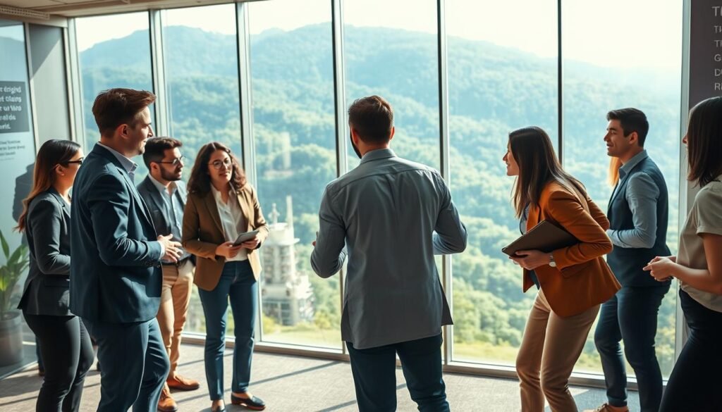 A vibrant and dynamic team-building scene set in a modern office environment in Colombia. In the foreground, a diverse group of professionals engaged in a lively brainstorming session, wearing smart business attire, showcasing collaboration and teamwork. The middle ground features a large glass window with a scenic view of Colombia’s lush landscape, emphasizing a connection to the local culture. In the background, motivational posters and quotes adorn the office walls, subtly hinting at the themes of talent development and teamwork. The lighting is warm and inviting, suggesting a positive atmosphere, while the angle captures the action from a slightly elevated perspective, creating depth. The overall mood is inspiring and engaging, reflecting empowerment and growth within teams.