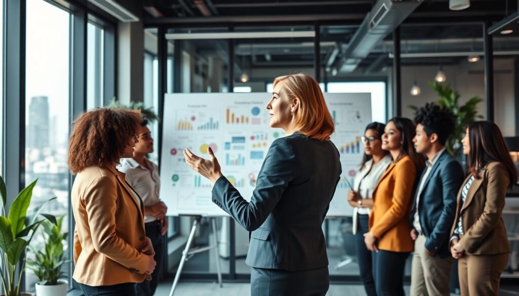 A vibrant and engaging office environment showcasing a group of diverse professionals engaged in a leadership workshop. In the foreground, a female leader in a smart business suit passionately gestures while presenting to her colleagues, who are attentively listening, diverse in gender and ethnicity, wearing professional attire. In the middle ground, a whiteboard filled with colorful charts and ideas illustrates strategies for organizational growth and teamwork. In the background, large windows allow natural light to flood the space, reflecting a modern corporate atmosphere with plants and a city view, creating an optimistic and empowering mood. Soft, warm lighting enhances the collaborative feel, with a wide-angle perspective that captures the dynamic interactions and focused energy in the room. A vibrant and engaging office environment showcasing a group of diverse professionals engaged in a leadership workshop. In the foreground, a female leader in a smart business suit passionately gestures while presenting to her colleagues, who are attentively listening, diverse in gender and ethnicity, wearing professional attire. In the middle ground, a whiteboard filled with colorful charts and ideas illustrates strategies for organizational growth and teamwork. In the background, large windows allow natural light to flood the space, reflecting a modern corporate atmosphere with plants and a city view, creating an optimistic and empowering mood. Soft, warm lighting enhances the collaborative feel, with a wide-angle perspective that captures the dynamic interactions and focused energy in the room.