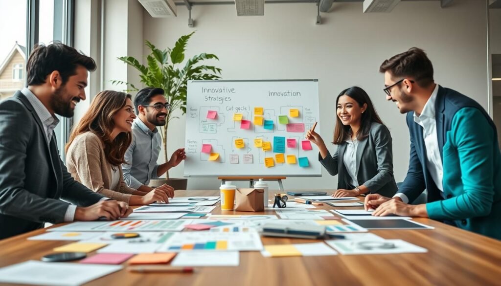 A vibrant and engaging scene depicting a group of professionals collaborating in a dynamic office setting. In the foreground, a diverse team of six individuals, dressed in smart casual business attire, enthusiastically brainstorming around a modern conference table filled with colorful charts and innovation tools. In the middle ground, a large whiteboard displays flowcharts and sticky notes, illustrating innovative strategies. The background features large windows with natural light streaming in, creating a bright and uplifting atmosphere. A potted plant adds a touch of green, enhancing the professional yet relaxed mood. The overall composition should inspire creativity and teamwork, emphasizing the importance of innovative daily dynamics in a business environment.