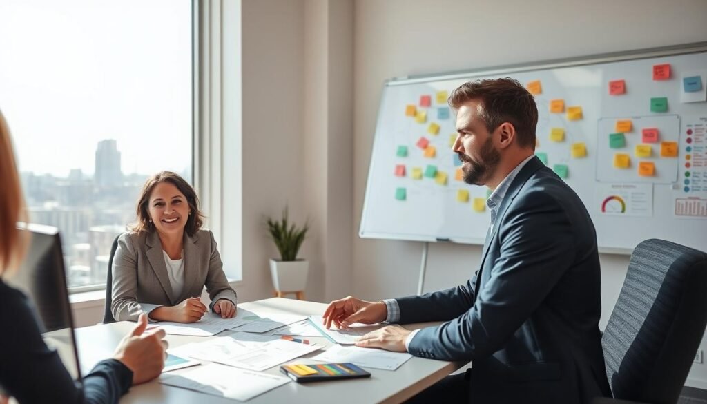 A vibrant and inspiring office scene depicting a successful business coaching session. In the foreground, a diverse group of three professionals—one woman in a tailored suit, and two men in smart casual attire—are engaged in a thoughtful discussion around a table filled with charts and reports. Their expressions are focused yet optimistic. In the middle ground, a large window reveals a bright cityscape, symbolizing opportunity and growth, with sunlight flooding the space to create an uplifting atmosphere. The background features a whiteboard filled with colorful diagrams and post-its, representing brainstorming and active collaboration. The overall mood is one of achievement and empowerment, emphasizing the impact of effective coaching in conflict management within businesses. A vibrant and inspiring office scene depicting a successful business coaching session. In the foreground, a diverse group of three professionals—one woman in a tailored suit, and two men in smart casual attire—are engaged in a thoughtful discussion around a table filled with charts and reports. Their expressions are focused yet optimistic. In the middle ground, a large window reveals a bright cityscape, symbolizing opportunity and growth, with sunlight flooding the space to create an uplifting atmosphere. The background features a whiteboard filled with colorful diagrams and post-its, representing brainstorming and active collaboration. The overall mood is one of achievement and empowerment, emphasizing the impact of effective coaching in conflict management within businesses.