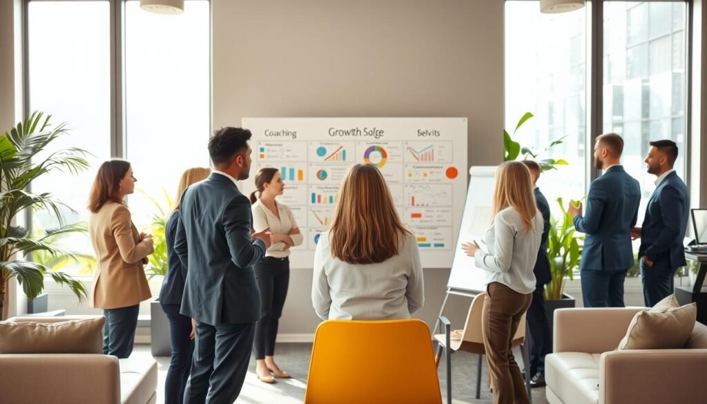 A vibrant and professional office setting showcasing the essence of coaching and consulting services. In the foreground, a diverse group of business professionals engaged in a dynamic brainstorming session, dressed in smart casual and business attire. The middle ground features a large whiteboard filled with colorful charts and diagrams representing growth strategies and coaching frameworks. In the background, large windows allow natural light to flood in, illuminating the sleek modern furniture and greenery that adds a touch of calmness. The atmosphere is collaborative and inspiring, exuding a sense of motivation and innovation, with warm lighting and a focus on teamwork. Capture the essence of growth and support in a corporate context without any text or overlays.