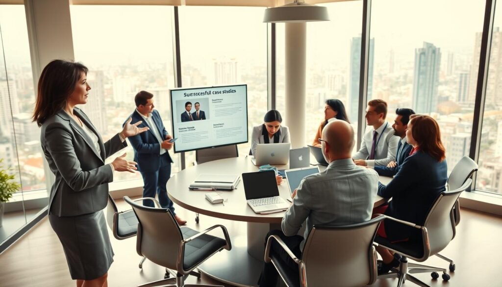 A vibrant and sophisticated office environment in Colombia, showcasing a team of diverse professionals in business attire engaged in an executive search meeting. In the foreground, a confident female leader gestures towards a digital presentation displaying successful case studies. The middle ground features a round conference table surrounded by a mix of Colombian and international professionals discussing strategies, with laptops and documents scattered about. In the background, large windows reveal a panoramic view of a bustling Colombian cityscape under bright natural lighting, creating an atmosphere of ambition and professionalism. The composition captures a sense of collaboration and success, emphasizing the expertise in executive search within the Colombian market. The image should be warm and inviting, conveying a positive and dynamic mood. A vibrant and sophisticated office environment in Colombia, showcasing a team of diverse professionals in business attire engaged in an executive search meeting. In the foreground, a confident female leader gestures towards a digital presentation displaying successful case studies. The middle ground features a round conference table surrounded by a mix of Colombian and international professionals discussing strategies, with laptops and documents scattered about. In the background, large windows reveal a panoramic view of a bustling Colombian cityscape under bright natural lighting, creating an atmosphere of ambition and professionalism. The composition captures a sense of collaboration and success, emphasizing the expertise in executive search within the Colombian market. The image should be warm and inviting, conveying a positive and dynamic mood.
