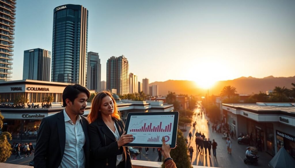 A vibrant business district in Colombia during the golden hour, showcasing a modern skyline with innovative architecture. In the foreground, a diverse group of three professionals in formal business attire engaged in a discussion, with a digital tablet displaying graphs and charts highlighting investment opportunities. The middle ground features bustling streets with people exploring shops and cafes, reflecting a lively atmosphere. In the background, the Andes mountains provide a stunning natural contrast to the urban landscape. Soft, warm lighting bathes the scene, creating an optimistic mood that emphasizes growth and potential. The composition is captured from a slightly elevated angle, inviting viewers into the dynamic environment, with a focus on the themes of investment and growth in the region.