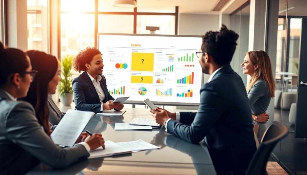 A vibrant business meeting scene showcasing a diverse team engaged in dynamic, effective communication. In the foreground, a group of four professionals in smart business attire—two men and two women—are gathered around a sleek table, deeply engaged in discussion, with papers and digital devices in hand. The middle ground features a large, interactive whiteboard displaying colorful graphs and charts illustrating teamwork strategies. In the background, a bright office environment with floor-to-ceiling windows, allowing warm sunlight to filter in, casting a positive glow. The atmosphere is one of collaboration, focus, and motivation, highlighting the importance of team strengthening and talent development. The scene is captured from a slightly elevated angle to encompass the entire team and their collaborative dynamics, with soft lighting enhancing the positive mood. A vibrant business meeting scene showcasing a diverse team engaged in dynamic, effective communication. In the foreground, a group of four professionals in smart business attire—two men and two women—are gathered around a sleek table, deeply engaged in discussion, with papers and digital devices in hand. The middle ground features a large, interactive whiteboard displaying colorful graphs and charts illustrating teamwork strategies. In the background, a bright office environment with floor-to-ceiling windows, allowing warm sunlight to filter in, casting a positive glow. The atmosphere is one of collaboration, focus, and motivation, highlighting the importance of team strengthening and talent development. The scene is captured from a slightly elevated angle to encompass the entire team and their collaborative dynamics, with soft lighting enhancing the positive mood.