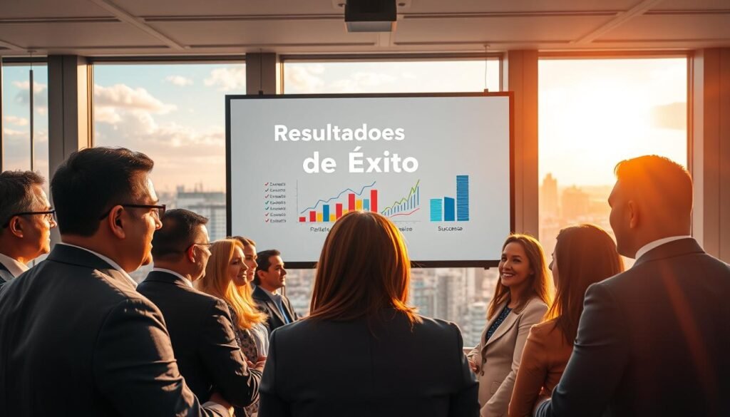 A vibrant executive coaching session in a modern Colombian office environment. In the foreground, a diverse group of professionals dressed in business attire, engaged in a dynamic discussion, reflecting collaboration and ambition. In the middle ground, a large presentation screen displays the words “Resultados de Éxito,” illustrated with graphs and success stories. The background features large windows that showcase a panoramic view of Bogotá's skyline under a bright, sunny sky. The atmosphere is one of motivation and positivity, with warm lighting illuminating the faces of the individuals, emphasizing their expressions of determination and success. The focus is on teamwork and the achievement of goals, conveying a sense of empowerment and growth in leadership.