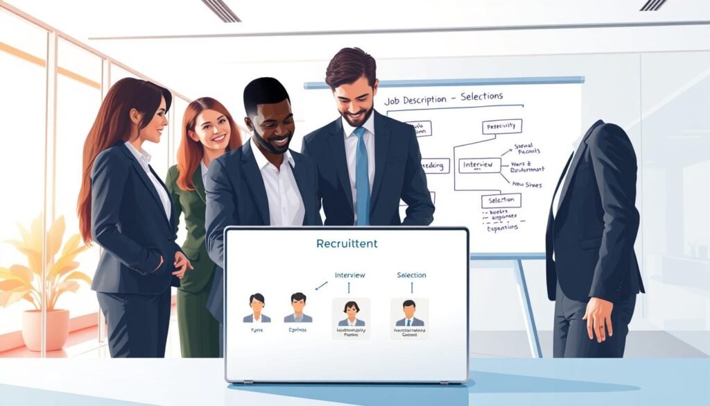 A vibrant illustration of the recruitment and selection process in a professional setting. In the foreground, a diverse group of three business professionals, dressed in smart business attire, are engaged in a discussion over a laptop displaying candidate profiles. The middle ground features a modern office environment with a large whiteboard showing a flowchart of the recruitment steps, including 'Job Description', 'Interview', and 'Selection'. The background reveals a sleek office space with large windows allowing soft, natural light to illuminate the scene, creating a bright and inviting atmosphere. Use a slightly elevated angle to capture the participants' expressions and the dynamic nature of their collaboration, while ensuring the overall mood is positive and focused on teamwork.