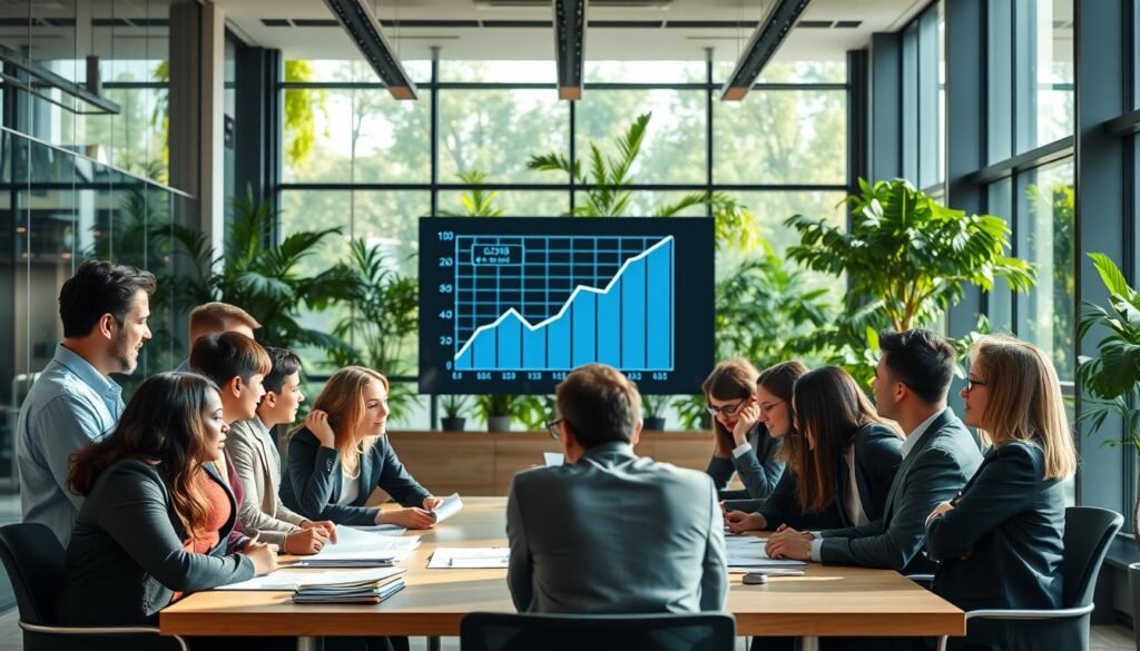 A vibrant office environment depicting the theme of organizational change and cultural management. In the foreground, a diverse group of professionals in business attire gather around a large table, engaged in dynamic discussions and collaborating on strategy papers. In the middle, a large digital screen displays an abstract graph symbolizing growth and transformation. In the background, modern office architecture shows glass walls and greenery, suggesting a welcoming and innovative workplace. Soft, natural lighting filters through windows, creating an uplifting and motivational atmosphere. The overall mood is one of optimism, unity, and forward-thinking, reflecting the positive impact of effective human resources consulting.