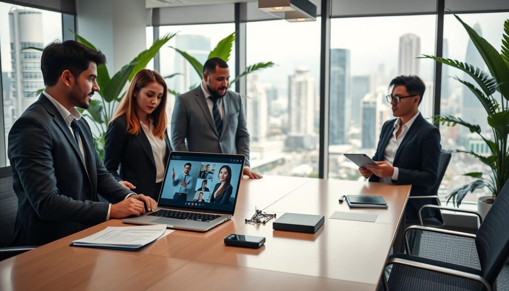 A vibrant office environment illustrating the headhunting process in Colombian companies. In the foreground, a diverse group of three professionals in smart business attire engages in a discussion over resumes and profiles, displaying focused expressions. The middle ground features a sleek conference table with a laptop displaying a virtual meeting with candidates on the screen, symbolizing connection and outreach. The background showcases large windows revealing a view of a bustling cityscape, with tropical plants adding a touch of greenery. Soft, natural lighting floods the space, creating a warm and inviting atmosphere that emphasizes collaboration and professionalism. The angle is slightly above eye level, capturing both the interaction and the dynamic environment. The mood is one of enthusiasm and productivity, highlighting effective headhunting in Colombia.