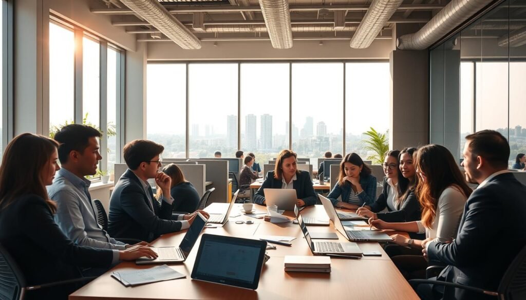 A vibrant office scene in Colombia depicting a typical workday. In the foreground, a diverse group of professionals in business attire engage in discussion around a conference table, with laptops and documents scattered about. The middle ground shows cubicles with employees focused on their tasks, highlighting an atmosphere of teamwork and productivity. In the background, large windows showcase a sunny Colombian skyline, with greenery visible outside, symbolizing a refreshing break from work. Soft, natural lighting filters through the space, creating a bright and inviting ambiance. The mood is industrious yet collaborative, reflecting the essence of a Colombian workday, including moments of rest and relaxation interspersed throughout.