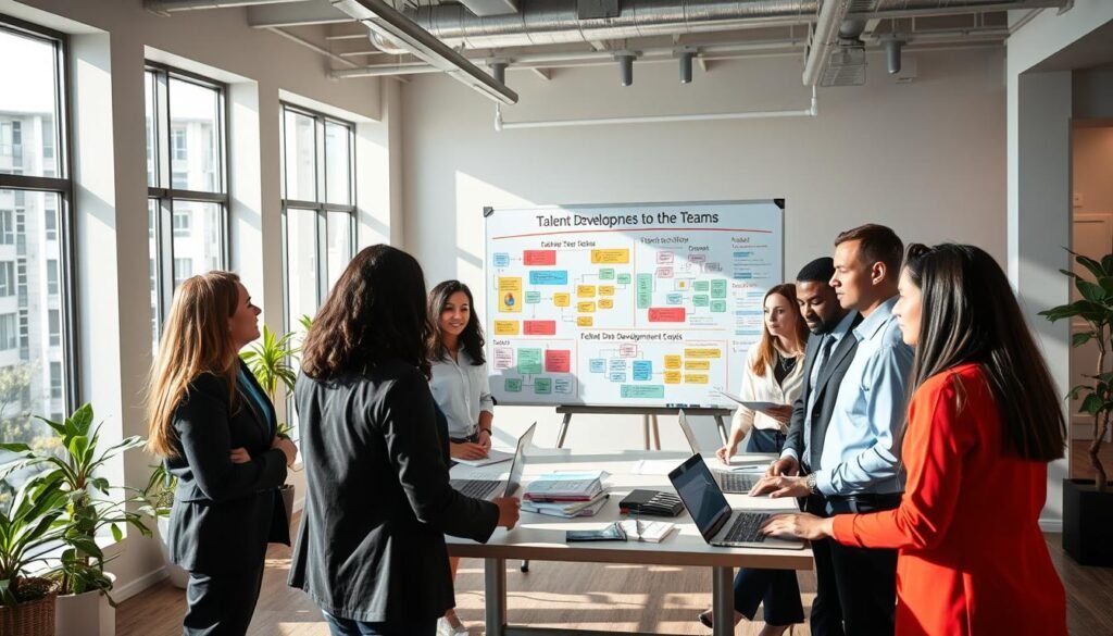 A vibrant office setting filled with diverse professionals engaged in collaborative activities aimed at strengthening teams. In the foreground, a multi-ethnic group of business people, dressed in professional attire, stands around a table, discussing strategy with laptops and notepads open. In the middle ground, a large whiteboard displays colorful diagrams and flowcharts illustrating talent development strategies. The background features large windows with natural light streaming in, creating an open, inviting atmosphere. Soft shadows and bright highlights enhance the mood of teamwork and enthusiasm for growth. The composition is shot from a slightly elevated angle, focusing on the interaction among team members while capturing the spaciousness of the office.