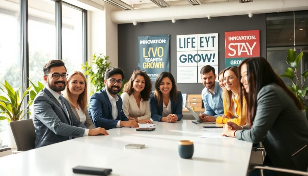 A vibrant office space showcasing a strong employer brand. In the foreground, a diverse group of professionals, dressed in smart business attire, is engaged in a collaborative brainstorming session around a sleek conference table. Their expressions radiate enthusiasm and determination. In the middle ground, the office features motivational posters featuring keywords like "Innovation," "Teamwork," and "Growth," reflecting a positive workplace culture. The background is flooded with natural light streaming through large windows, illuminating modern decor that combines greenery and technology. The atmosphere is energetic and inspiring, emphasizing a supportive and forward-thinking work environment, ideal for attracting top talent in Colombia. The image is captured with a wide-angle lens for depth and warmth in the light.