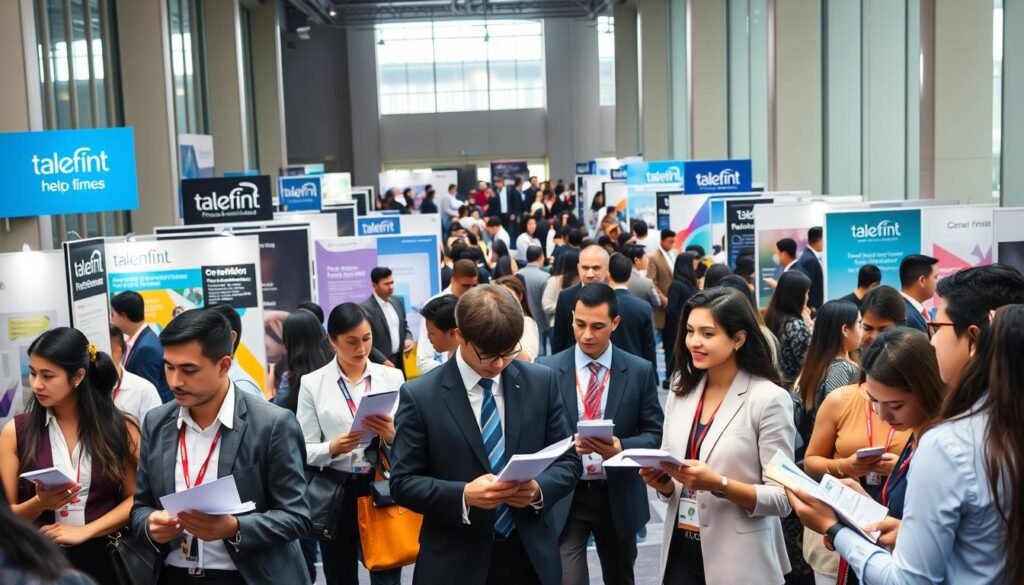A vibrant scene depicting a professional recruitment fair in Colombia, emphasizing the activity of talent acquisition firms. In the foreground, a diverse group of well-dressed business professionals engage in conversation, exchanging resumes and discussing opportunities. They are surrounded by booths representing various talent firms, showcasing elegant branding, banners with company logos, and informational brochures. The middle ground features a bustling atmosphere with additional attendees exploring different booths, highlighting the interaction and collaboration among job seekers and recruiters. The background reveals a sophisticated conference center with large windows allowing natural light to illuminate the scene, enhancing the positive energy. The overall mood is dynamic and optimistic, emphasizing growth and professional development in the Colombian job market.