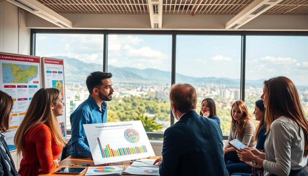 A vibrant scene depicting innovative evaluation strategies in Colombia, focused on a professional setting. In the foreground, a diverse group of educators engaged in a collaborative workshop, discussing assessment methods while surrounded by colorful charts and educational materials. The middle ground features a modern classroom with posters illustrating evaluation techniques. In the background, a scenic view of Colombia’s lush landscapes and urban skyline can be seen through large windows, symbolizing progress and inspiration. The lighting is warm and inviting, with sunlight streaming in, creating a dynamic and positive atmosphere. The image conveys a sense of teamwork, innovation, and commitment to educational excellence, with all individuals in professional attire, engaged and animated in their discussions.