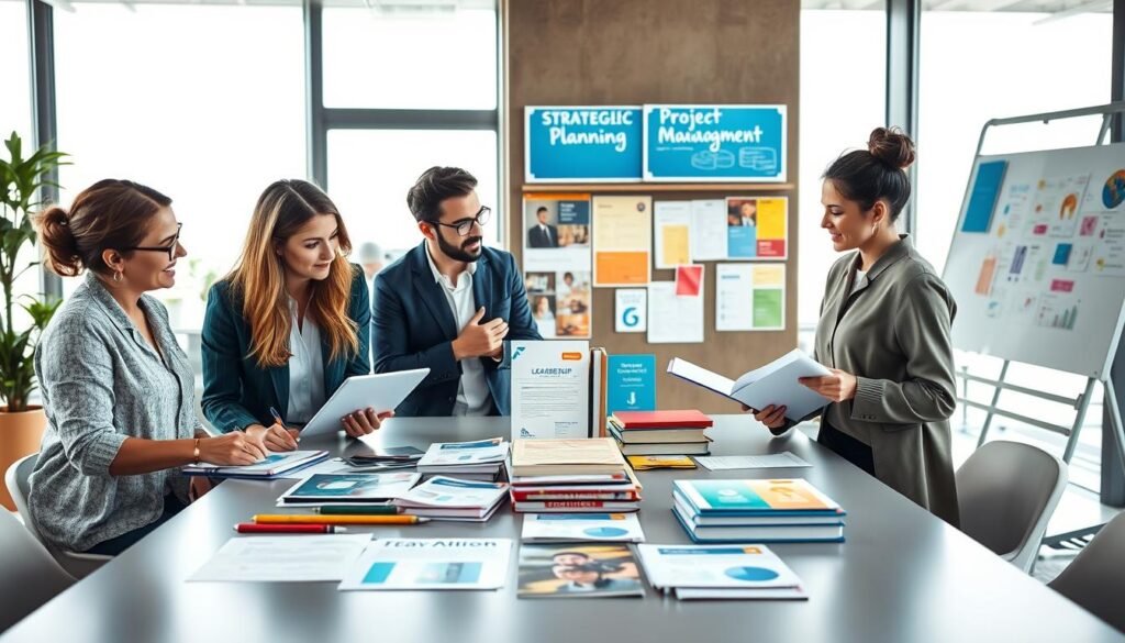 A vibrant workspace filled with diverse professionals engaging in leadership development activities. In the foreground, a group of three individuals—two women and one man—are gathered around a modern conference table, deep in discussion, showcasing teamwork and collaboration. The woman on the left is writing on a digital tablet, while the man gestures animatedly, and the woman on the right takes notes. In the middle, an array of tools and resources such as strategic planning posters, leadership books, and project management boards are visible, emphasizing the theme of essential leadership tools. The background features a bright, airy office environment with large windows allowing natural light to stream in, creating an uplifting atmosphere. The image captures a sense of motivation and professional growth, highlighting the importance of implementing leadership resources in organizations.