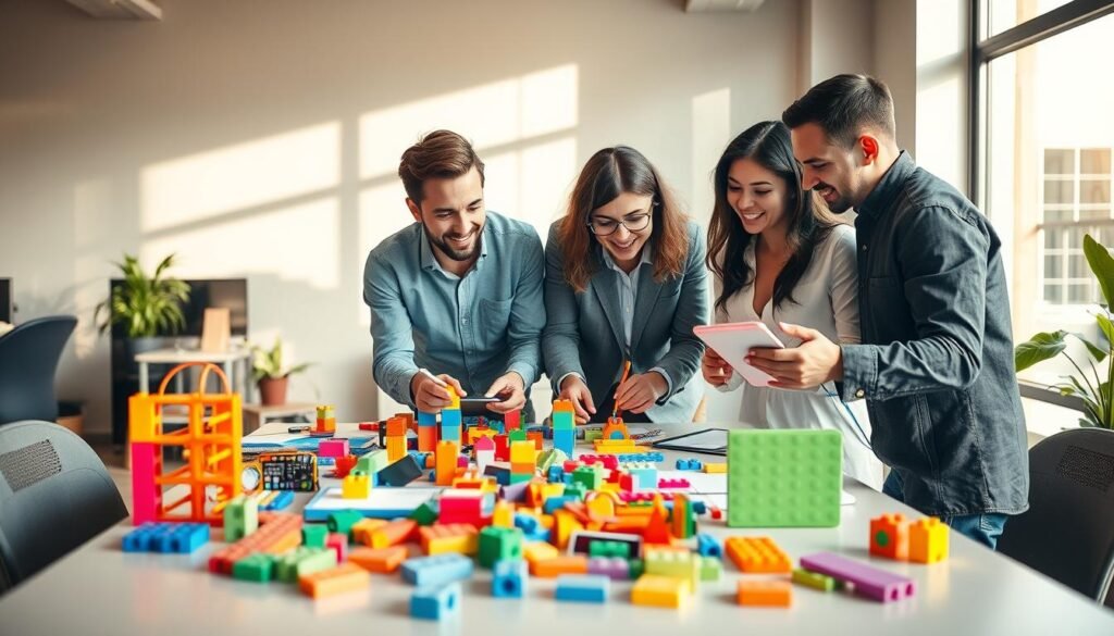 A vibrant workspace setting showcasing a diverse group of four individuals, two men and two women, engaged in creative activities. They are brainstorming and playing with colorful, innovative tools designed for teamwork, such as building blocks, sketch pads, and digital devices. The foreground features an assortment of these tools scattered on a modern table. In the middle, the group is animatedly discussing ideas, dressed in smart casual attire, smiling and collaborating effectively. The background includes a large window that lets in warm, natural light, casting soft shadows around them. The atmosphere is energetic and inspiring, conveying a spirit of creativity and cooperation. The image should have a balanced composition, with a focus on teamwork and imaginative problem-solving.