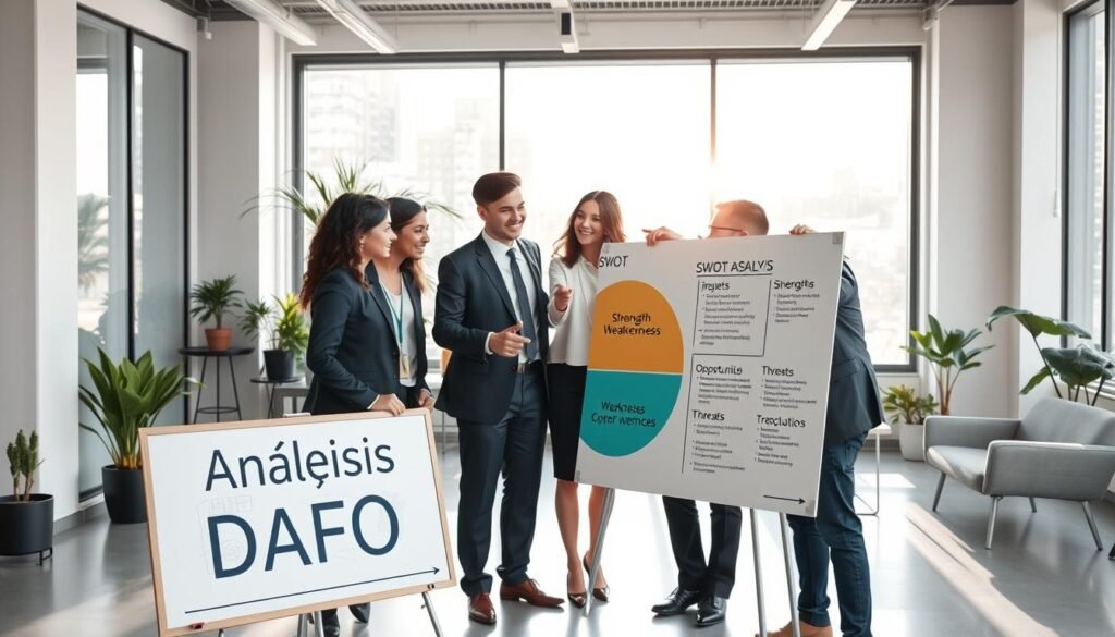 A visually engaging "Análisis DAFO" diagram set in a modern office environment. In the foreground, a large whiteboard displays a detailed SWOT analysis with colorful segments labeled Strengths, Weaknesses, Opportunities, and Threats. In the middle, a diverse group of three professionals dressed in sharp business attire are actively discussing and pointing at the diagram, their expressions reflecting focus and collaboration. In the background, soft morning light streams through large windows, illuminating the sleek, minimalist office space filled with plants and contemporary furniture. The mood is dynamic and professional, conveying a sense of productive teamwork and strategic planning, perfect for illustrating the concept of personal and business development.