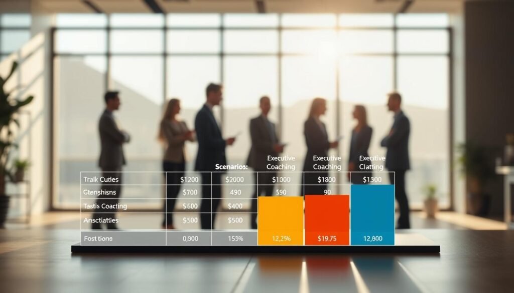 A visually engaging comparison chart featuring executive coaching rates, divided into different sections to illustrate various scenarios. In the foreground, depict a sleek, modern table graph with clearly delineated bars or pie slices representing different pricing tiers, each filled with distinct colors. The middle ground should include silhouettes of professional individuals in business attire, engaging in discussion or consultation, emphasizing a business setting. In the background, set a contemporary office space with large windows allowing natural light to illuminate the scene, while soft shadows create a warm, inviting atmosphere. Use a shallow depth of field to focus on the chart while blurring the background slightly, enhancing the professional ambiance.