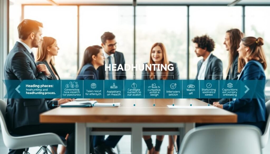 A visually engaging infographic showcasing the phases of the headhunting process. In the foreground, include diverse professionals in business attire, intently discussing job opportunities around a conference table, emphasizing collaboration. The middle layer should depict various key elements of the headhunting stages, such as talent research, candidate outreach, interviews, and selection, represented by icons or symbols in a structured flow. The background can feature an office environment with large windows allowing natural light to filter in, creating a bright and optimistic atmosphere. The overall color scheme should be professional, utilizing blues and greens to convey trust and growth. Use a soft focus effect on the background to keep attention on the professionals and the infographic elements, evoking a sense of purpose and teamwork in the headhunting process.