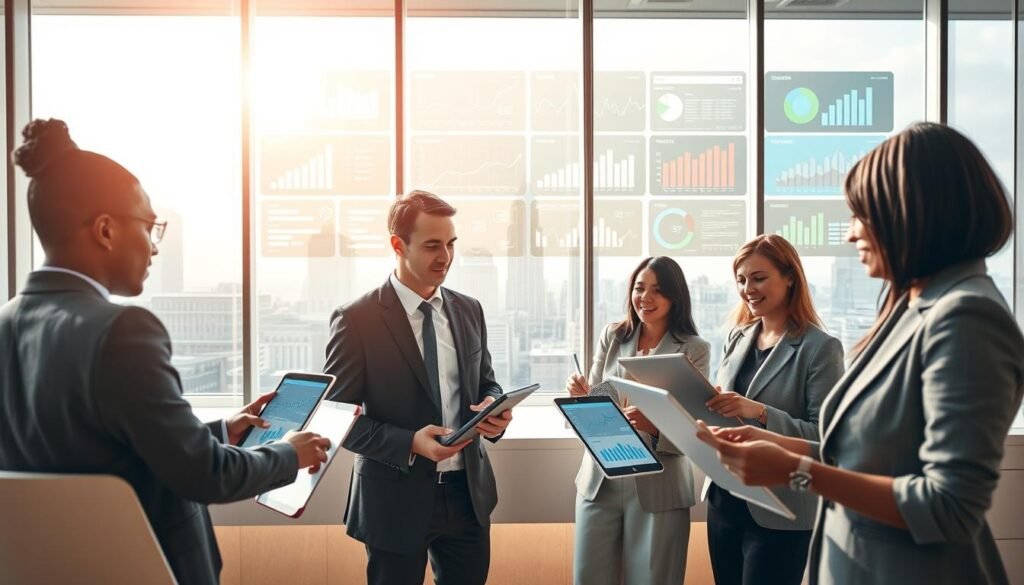 A visually engaging representation of the "levels of digital transformation" in a modern business context. In the foreground, a diverse group of professionals in business attire, appearing engaged in discussion, are analyzing digital graphs and data on sleek laptops and tablets. In the middle ground, a futuristic office space showcases advanced digital screens displaying metrics and growth charts, illustrating various transformation phases. The background features a city skyline, symbolizing innovation and progress. Soft, natural lighting illuminates the scene, creating a bright and inspiring atmosphere. Use a wide-angle lens perspective to capture the entire environment, emphasizing collaboration and forward-thinking in the digital age.