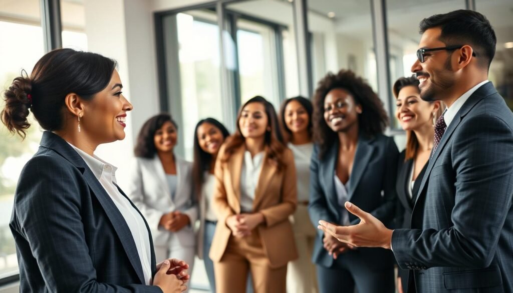 A warm and inviting corporate coaching session, featuring diverse professionals engaged in transformative discussions. In the foreground, a confident businesswoman in a tailored suit passionately shares her positive transformation story with attentive colleagues, representing various ethnic backgrounds. In the middle, a group of executives, dressed in professional attire, nods in agreement, reflecting interest and inspiration. The background shows a well-lit, modern meeting room with large windows letting in natural light, emphasizing an atmosphere of collaboration and growth. Soft, motivational colors dominate the scene, creating a hopeful and uplifting mood. The angle is slightly elevated, capturing the dynamic interaction between the participants, with a focus on expressions of optimism and encouragement.
