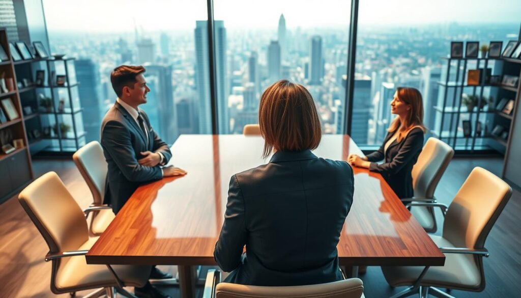 A well-lit executive office setting with a modern touch, featuring a polished wooden conference table surrounded by diverse professionals in formal business attire. In the foreground, a confident recruiter engages in conversation with a potential candidate, showcasing a blend of anticipation and professionalism. The middle ground showcases a large window with a panoramic view of a bustling city skyline, symbolizing opportunity and growth. Soft natural light filters in, creating a warm yet dynamic atmosphere. In the background, shelves filled with success stories and awards reflect the achievements of the firm. The overall mood is one of ambition, trust, and professionalism, highlighting the essence of executive search firms in Colombia. A well-lit executive office setting with a modern touch, featuring a polished wooden conference table surrounded by diverse professionals in formal business attire. In the foreground, a confident recruiter engages in conversation with a potential candidate, showcasing a blend of anticipation and professionalism. The middle ground showcases a large window with a panoramic view of a bustling city skyline, symbolizing opportunity and growth. Soft natural light filters in, creating a warm yet dynamic atmosphere. In the background, shelves filled with success stories and awards reflect the achievements of the firm. The overall mood is one of ambition, trust, and professionalism, highlighting the essence of executive search firms in Colombia.