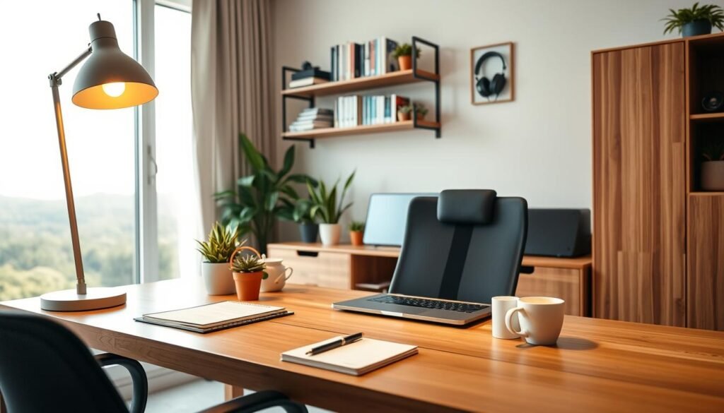 A well-organized home office setup for remote work, featuring a sleek wooden desk with a laptop, an ergonomic chair, and a filling cabinet. In the foreground, a stylish desk lamp emits warm light, illuminating a notepad and a coffee mug. The middle layer includes potted plants for a touch of nature and a wall-mounted shelf displaying books and tech gadgets like a wireless mouse and a headset. In the background, a large window lets in natural light, showcasing a serene outdoor view. The atmosphere is calm and focused, capturing the essence of productivity and comfort in a remote work environment. The scene is framed with a slightly elevated angle to emphasize the workspace.