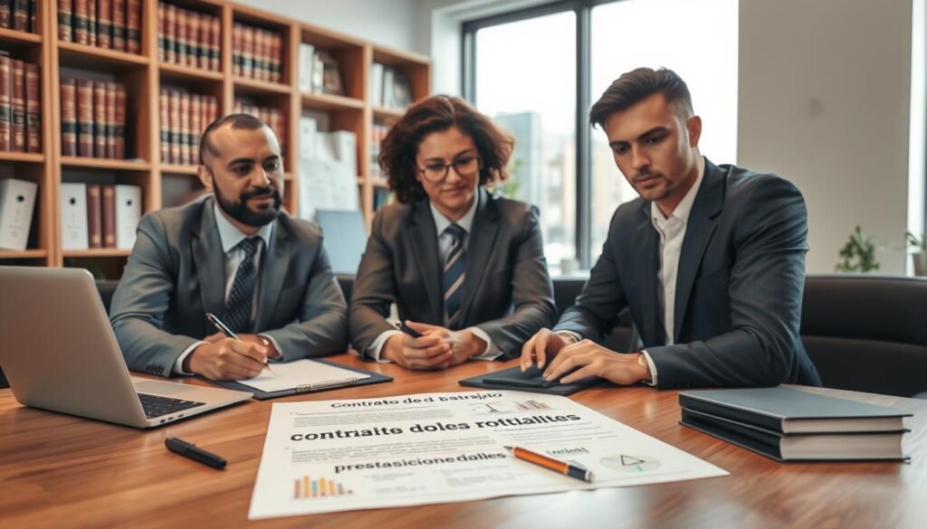 A well-organized office setting where a diverse group of three professionals—two men and one woman—are engaged in a discussion over a detailed contract on a wooden table. The contract prominently displays elements symbolizing "contrato de trabajo" and "prestaciones sociales," such as charts and legal icons. In the foreground, focus on the contract papers, pens, and a laptop. In the middle ground, show the professionals in formal business attire, reflecting a serious yet collaborative atmosphere. The background features bookshelves filled with legal books and a window overlooking a cityscape, letting in soft natural light. The mood is professional and purposeful, emphasizing legal obligations and employment rights.