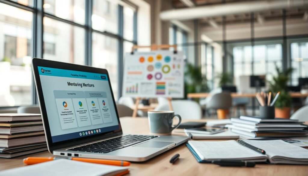 A well-organized workspace filled with professional development tools, capturing a bright and inspiring atmosphere. In the foreground, showcase an open laptop displaying a mentoring platform, surrounded by neatly arranged notebooks and pens. In the middle, include a presentation board with colorful diagrams and flowcharts illustrating methodologies. A coffee cup sits nearby, adding a sense of comfort. In the background, blur a modern office setting with soft natural light streaming through a window, creating a warm ambiance. The mood should feel collaborative and motivational, reflecting the essence of executive mentoring. Use a wide-angle lens to enhance the depth and clarity of each element, ensuring a professional look suited for an informative article.