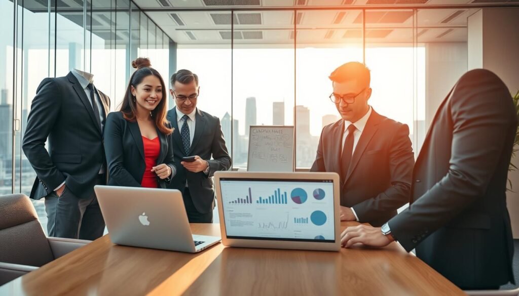 An artistic depiction of the talent identification process in a corporate environment. In the foreground, a diverse group of three professional individuals, one woman and two men, dressed in smart business attire, engaged in a focused discussion around a laptop, displaying charts and analytics relevant to candidate evaluation. In the middle, a large glass office with natural light streaming in, showcasing sleek furniture and a whiteboard filled with notes and ideas. In the background, a contemporary city skyline visible through the office windows, conveying a sense of ambition and opportunity. The atmosphere is collaborative and dynamic, with a warm color palette that fosters creativity and professionalism. Use a wide-angle lens to capture the entire scene, enhancing depth and clarity, with a focus on expression and engagement among the people.
