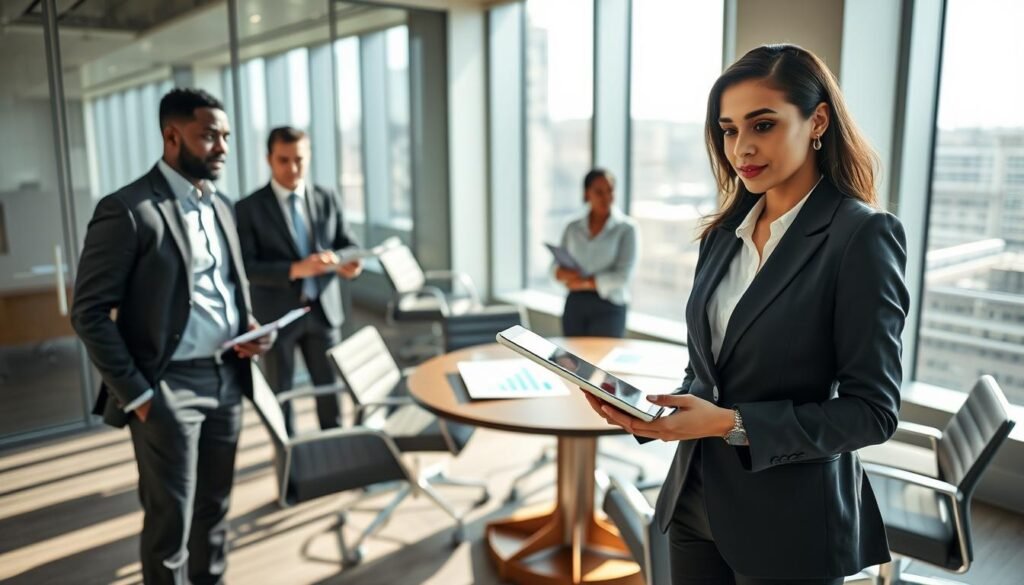An elegant office environment showcasing a diverse team of professionals engaged in a collaborative discussion on human talent management. In the foreground, a confident Hispanic female HR manager presents insights on a digital tablet, wearing a smart business suit. To the left, a male recruiter of African descent takes notes while observing attentively, dressed in formal attire. The middle section features a round table with reports and graphs about talent selection, illustrating key performance metrics. In the background, modern office chairs and large windows highlight a bright, sunny day outside, creating a motivational atmosphere. Natural light filters in, casting soft shadows on the floor, emphasizing a sense of professionalism and innovation in the workplace, capturing the essence of comprehensive talent management.