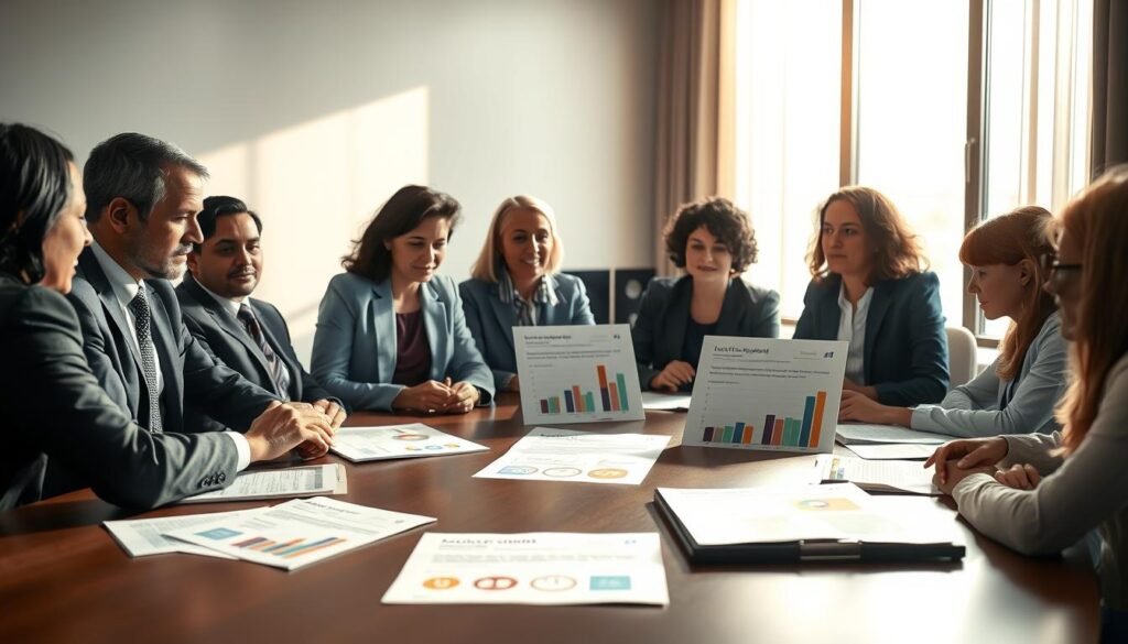 An impactful meeting scene illustrating the influence of collective agreements on labor conditions and rights. In the foreground, a diverse group of professionals in business attire—men and women of various ethnicities—are engaged in a serious discussion around a conference table. The middle ground features documents and graphs depicting positive labor conditions and rights statistics. The background shows a large window with natural light streaming in, illuminating the room and creating a warm, hopeful atmosphere. Soft shadows add depth to the image. The overall mood is optimistic and collaborative, emphasizing the importance of collective agreements in improving workplace conditions and workers' rights, with a focus on professionalism and respect for labor. An impactful meeting scene illustrating the influence of collective agreements on labor conditions and rights. In the foreground, a diverse group of professionals in business attire—men and women of various ethnicities—are engaged in a serious discussion around a conference table. The middle ground features documents and graphs depicting positive labor conditions and rights statistics. The background shows a large window with natural light streaming in, illuminating the room and creating a warm, hopeful atmosphere. Soft shadows add depth to the image. The overall mood is optimistic and collaborative, emphasizing the importance of collective agreements in improving workplace conditions and workers' rights, with a focus on professionalism and respect for labor.