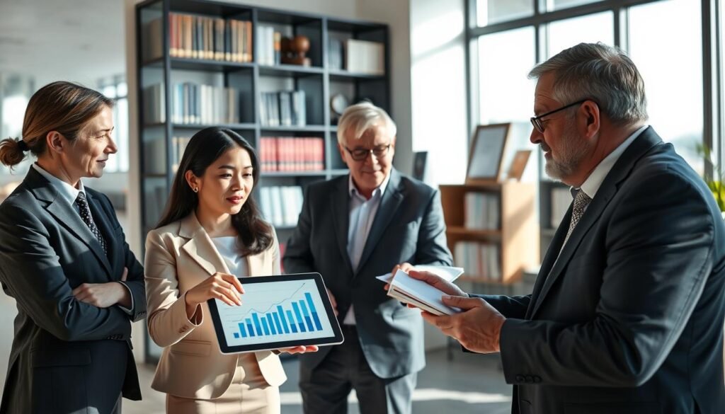 In a modern, well-lit office setting, two business consultants are engaged in a discussion with a family business owner. The foreground showcases a diverse group of professionals: one consultant is an Asian woman dressed in a tailored suit, gesturing towards a tablet displaying graphs, while the other, a middle-aged Caucasian man, is taking notes. In the background, shelves filled with business books and awards create an atmosphere of expertise and success. Large windows allow natural light to flood the room, casting soft shadows. The mood is one of collaboration and insight, with a focus on building tailored consulting strategies for family-owned businesses. Use a slightly elevated perspective to convey authority and professionalism, ensuring clarity and detail in expressions and posture. In a modern, well-lit office setting, two business consultants are engaged in a discussion with a family business owner. The foreground showcases a diverse group of professionals: one consultant is an Asian woman dressed in a tailored suit, gesturing towards a tablet displaying graphs, while the other, a middle-aged Caucasian man, is taking notes. In the background, shelves filled with business books and awards create an atmosphere of expertise and success. Large windows allow natural light to flood the room, casting soft shadows. The mood is one of collaboration and insight, with a focus on building tailored consulting strategies for family-owned businesses. Use a slightly elevated perspective to convey authority and professionalism, ensuring clarity and detail in expressions and posture.