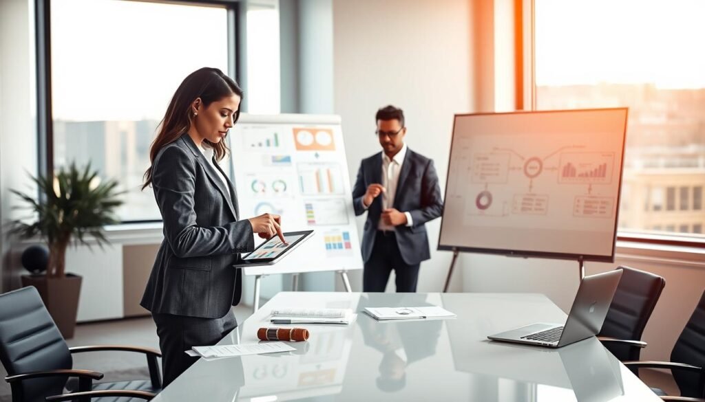 In a sleek, modern office space, a diverse group of three professionals is engaging in a strategic planning session. The foreground features a confident woman in a tailored suit, pointing at a digital tablet displaying graphs and charts, embodying leadership and focus. Beside her, a man in formal attire is taking notes, while another woman, wearing smart casual clothing, is gesturing towards a large whiteboard filled with colorful flowcharts and methodologies. The middle ground shows an elegant conference table with documents and a laptop open, emphasizing collaboration. In the background, large windows let in warm, natural light, casting a subtle glow over the scene, which conveys a mood of innovation and determination. The overall atmosphere is dynamic and professional, reflecting a proactive approach to executive search methodology.