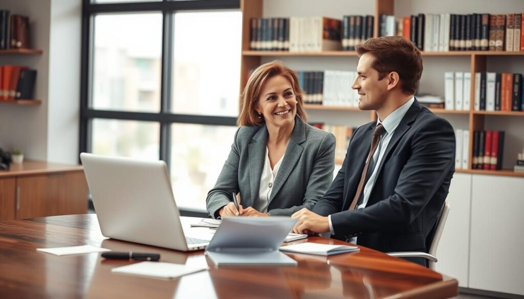 In a well-lit, modern office setting, a professional interviewer sits across from a candidate, both engaged in a lively discussion. The foreground features a polished wooden table with a laptop open and a notepad with notes scattered around. In the middle, the interviewer, a middle-aged woman in a smart blazer, is leaning slightly forward with an encouraging expression, ready to ask insightful questions. The candidate, a young man dressed in a crisp shirt and tie, looks attentive and confident. The background showcases shelves lined with books on human resources and psychology, with soft focus on a large window filtering in natural light, creating a welcoming atmosphere. The composition exudes professionalism, anticipation, and a sense of opportunity, emphasizing the importance of interviews in the talent selection process.